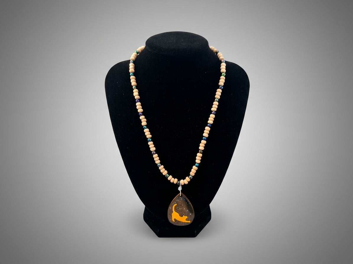 Teardrop Resin & Wood Pendant on Beaded Necklace | Wearable Art by Madaura