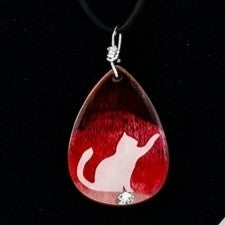 Hand-Painted Wooden Teardrop Pendant with black cord – Miniature Wearable Art