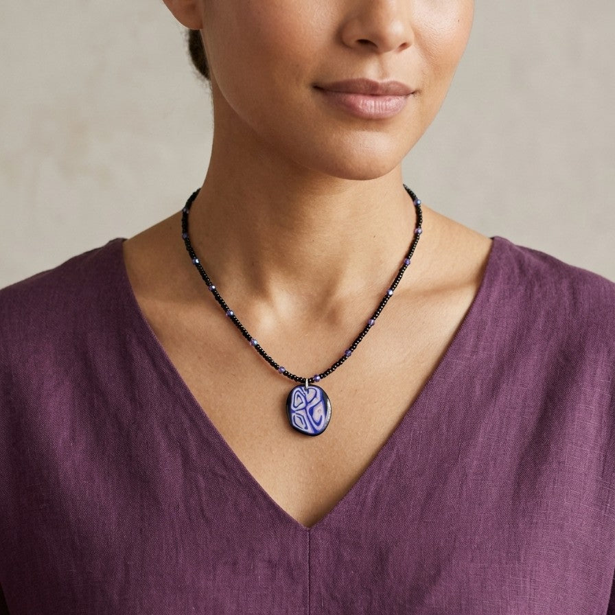 Artisan Marbled Pendant on a Beaded Necklace | Wearable Art by Madaura