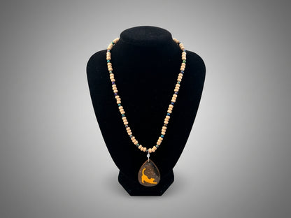 Teardrop Resin & Wood Pendant on Beaded Necklace | Wearable Art by Madaura