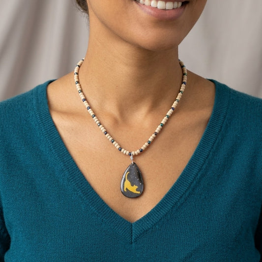 Teardrop Resin & Wood Pendant on Beaded Necklace | Wearable Art by Madaura