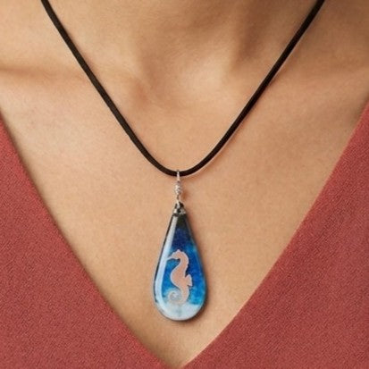 Hand-Painted Wooden Teardrop Pendant with black cord – Miniature Wearable Art