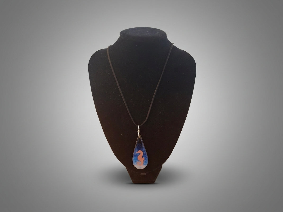 Hand-Painted Wooden Teardrop Pendant with black cord – Miniature Wearable Art