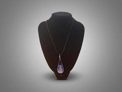 Hand-Painted Wooden Teardrop Pendant with black cord – Miniature Wearable Art