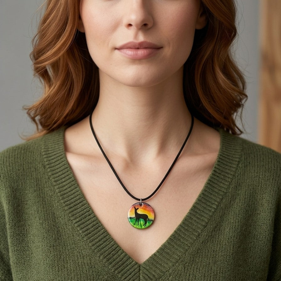 Hand-Painted Small Wooden Pendant Necklace – Sealed with Resin | Wearable Art by Madaura